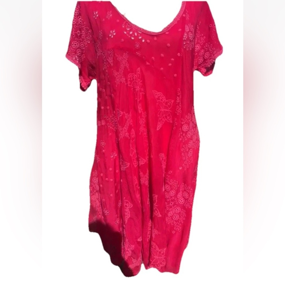 John Was Embroidered Butterfly Fuchsia PinkEyelet Short Sleeve Tunic Top Dress - Picture 9 of 10